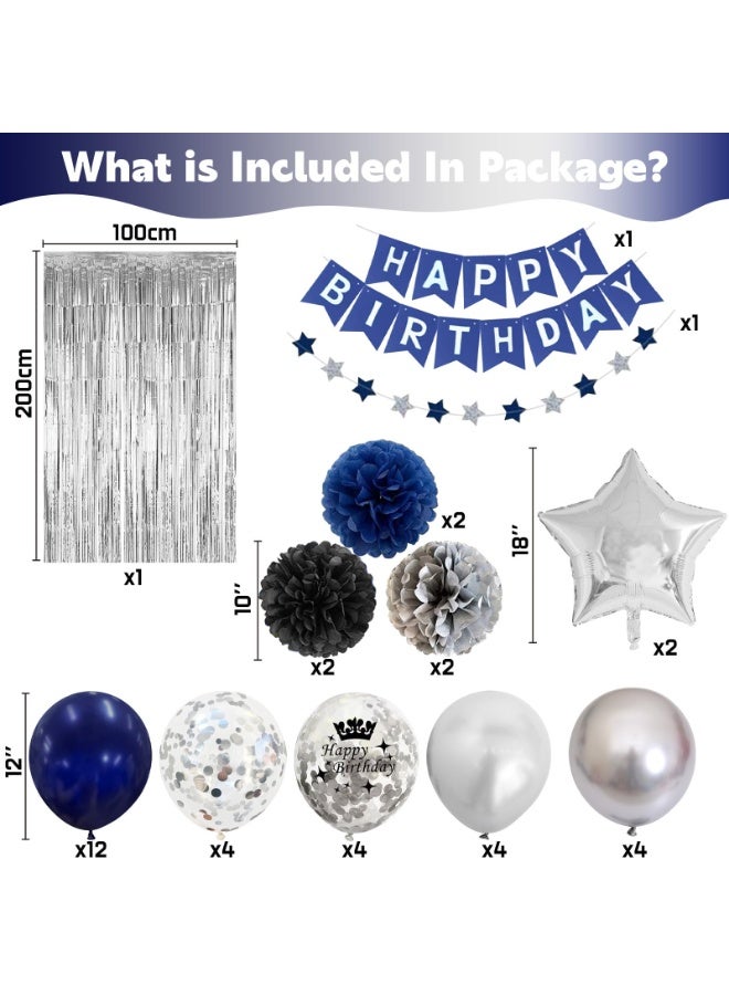 Mordely Blue & Silver Party Decorations - Boys' Birthday Banner, Balloons, Pom Poms, Fringe Curtain - Image 3